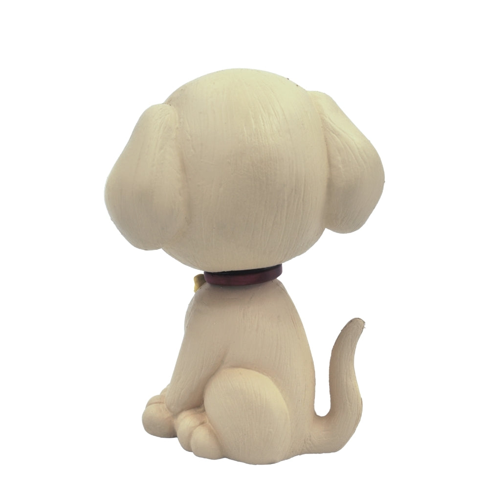Rear view of cute dog bobblehead figurine with curled tail and collar