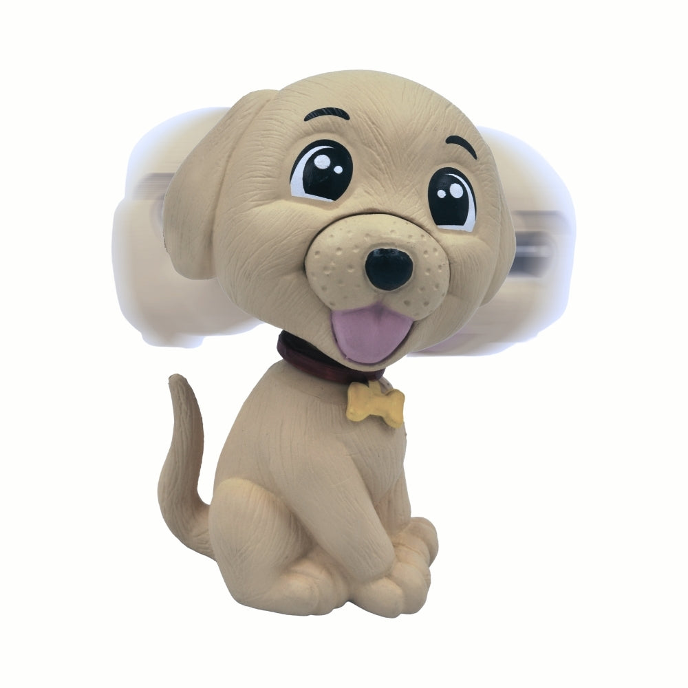Front view of cute dog bobblehead figurine with smiling face and bone collar.