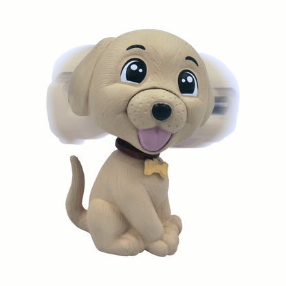 Front view of cute dog bobblehead figurine with smiling face and bone collar.