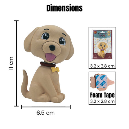 Dog bobblehead figurine with dimensions and foam tape details