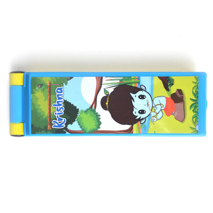 Krishna-themed vertical pencil box with vibrant design