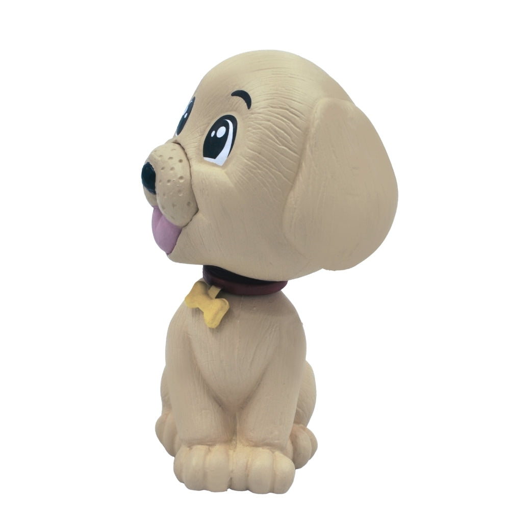 Side view of cute dog bobblehead figurine with collar and bone tag