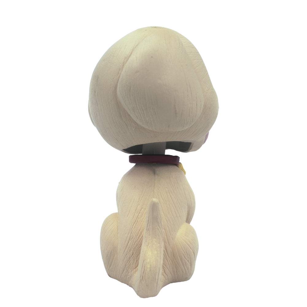 Back view of cute dog bobblehead figurine with wagging tail and collar